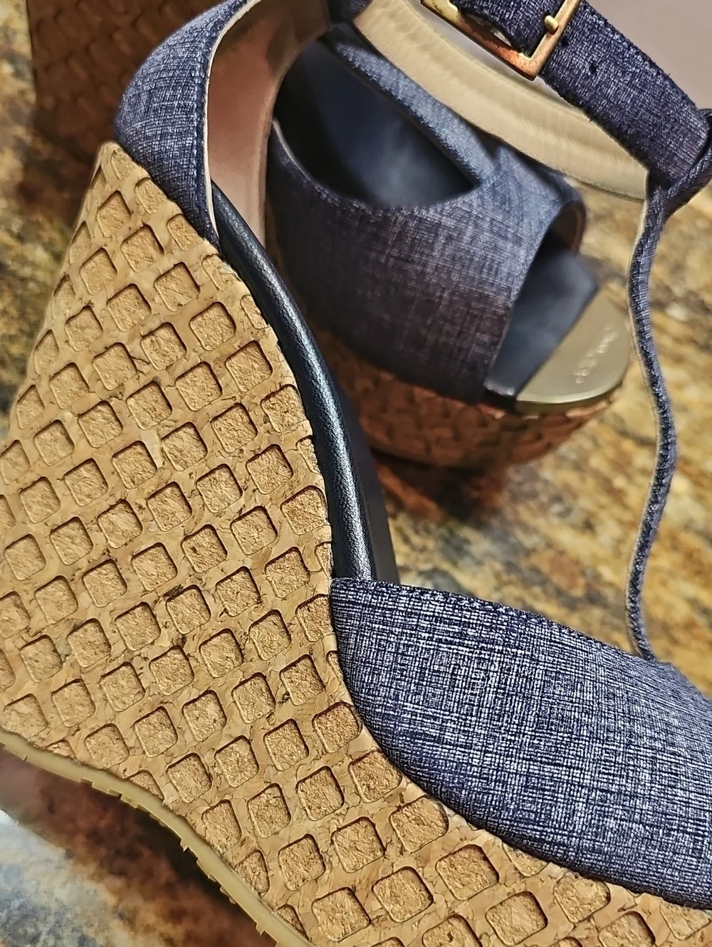 Jimmy Choo Pela Denim Blue T- Strap Wedge Sandals